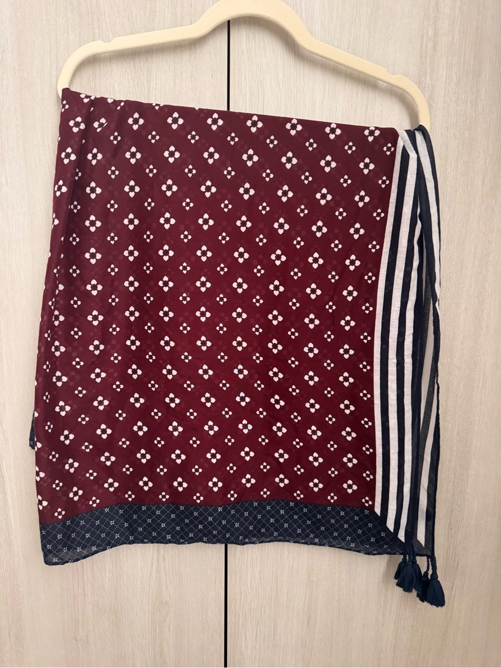 Abercrombie & Fitch Burgundy Floral Print Scarf with Navy Stripe Trim